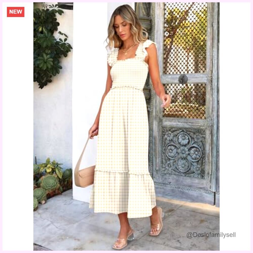 Sleeveless Maxi Dress Square Neck Smocked Boho Casual Ruffle Strap Flowy - Picture 4 of 7